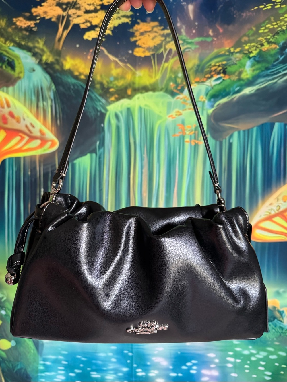 Coach Black Leather Ruched Shoulder Bag with Silver Hardware